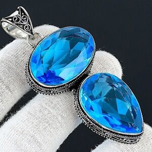 Sterling Silver Blue Topaz Pendant Gemstone Charm Necklace, Handmade